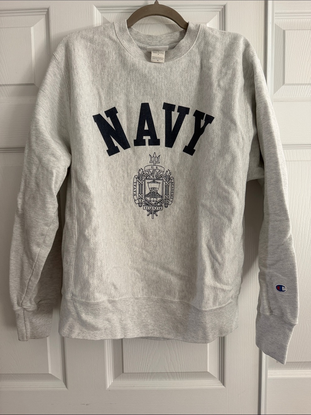 Champion Light Gray Crewneck Sweatshirt with Navy 'NAVY' Graphic